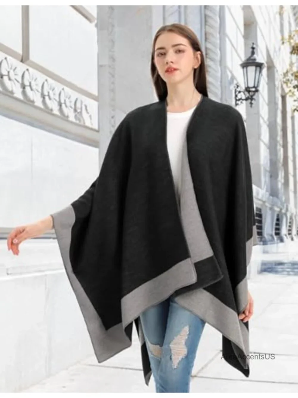 Women's Reversible Poncho Shawl Wrap Open Front Oversized Pashmina Cape